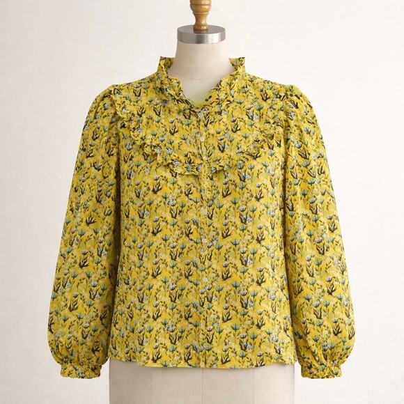 Ann Taylor LOFT Outlet Tops - LOFT Outlet Yellow Floral Ruffle Neck Blouse Medium Long Sleeve Boho Cottagecore